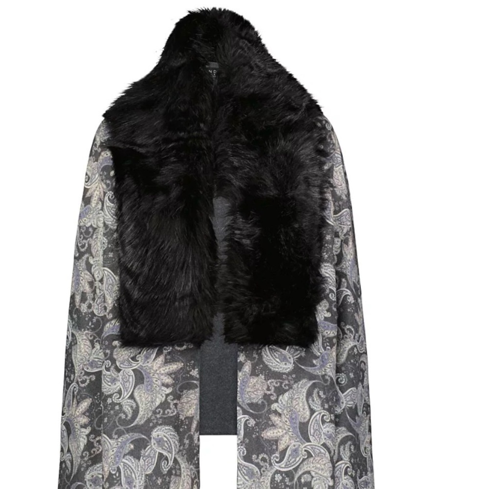 Laundry By Shelli Segal Navy & Teal Floral Wrap Cape with Blue Fur Collar - Picture 7 of 7